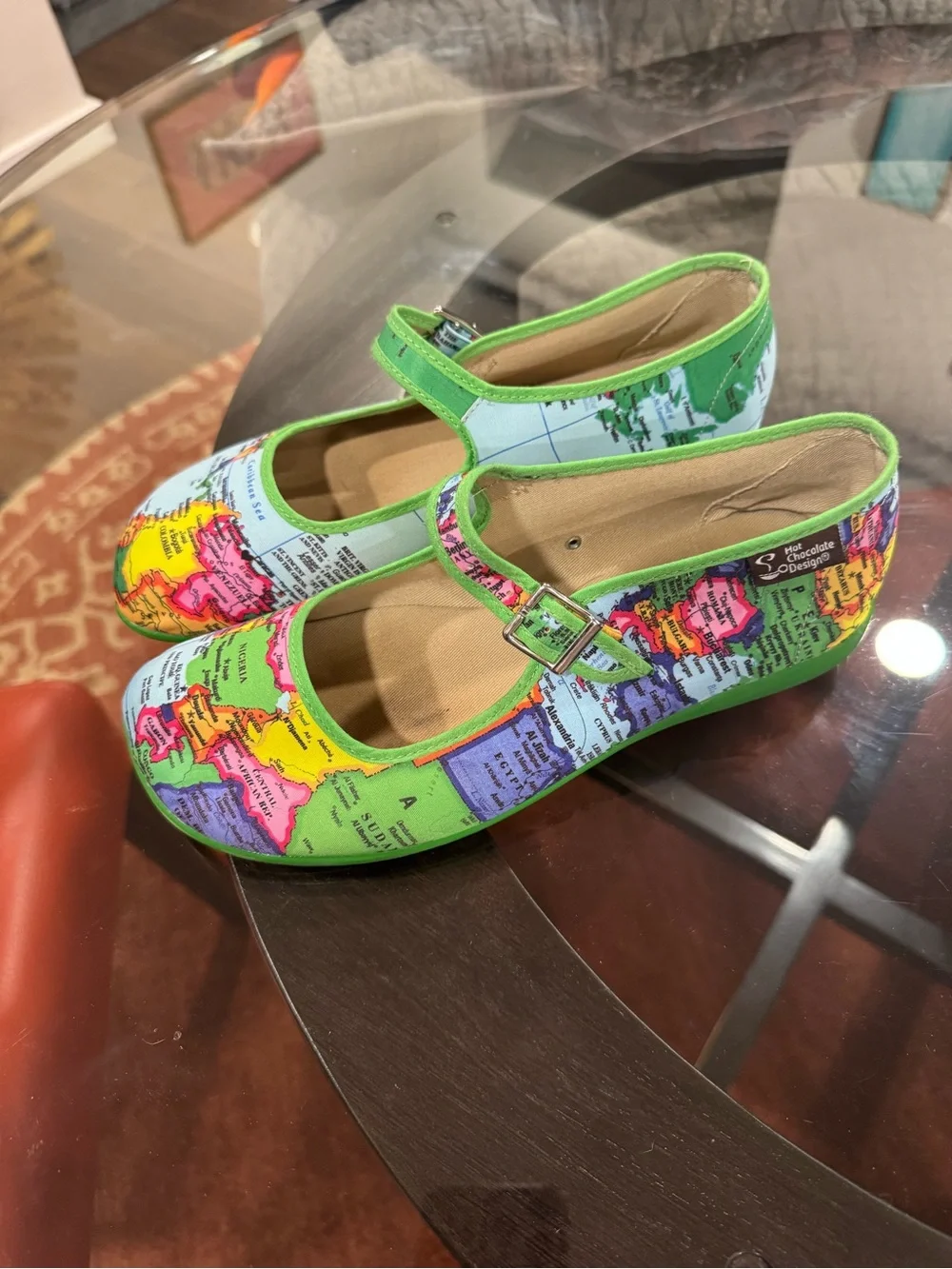 Map-Print Mary Jane Flats with Green Trim